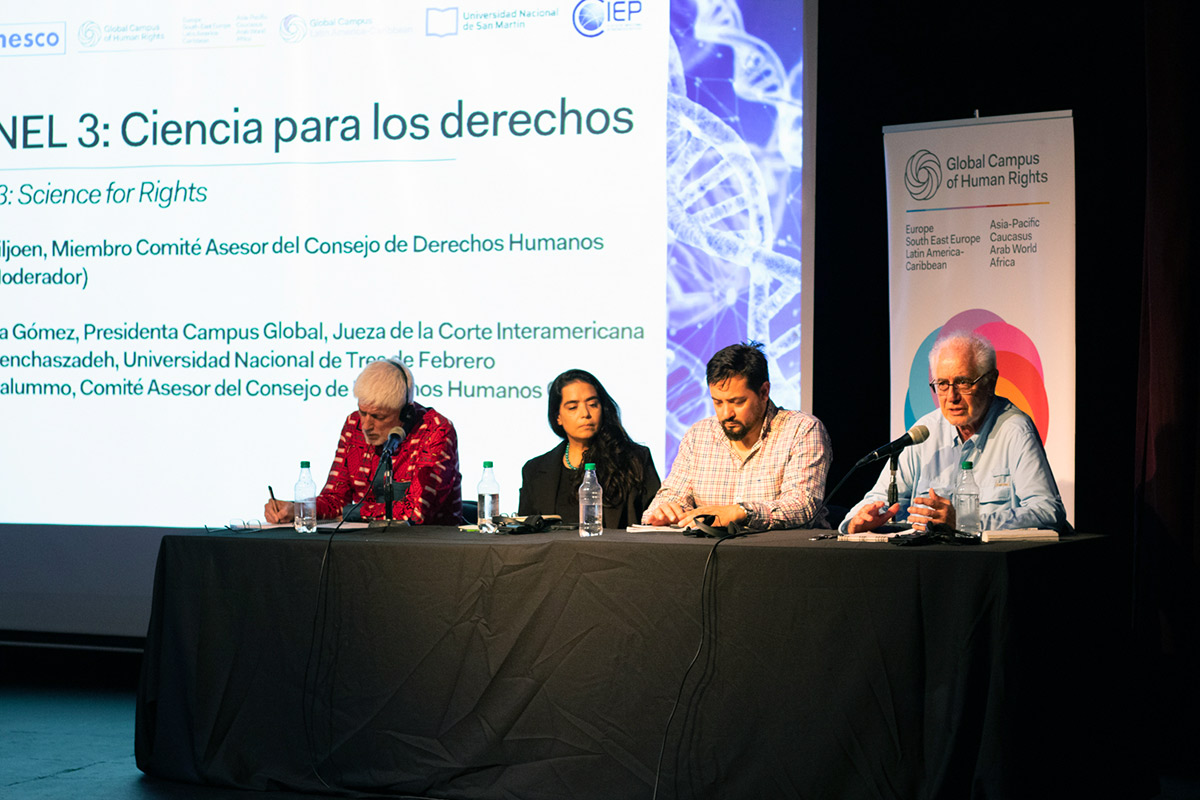 Panel Science for rights: Frans Viljoen (GC Africa & Advisory Committee OHCHR), Verónica Gómez (GC President & UNSAM), Javier Palummo (Advisory Committee OHCHR), Victor Penchaszadeh (Universidad Nacional de Tres de Febrero)
