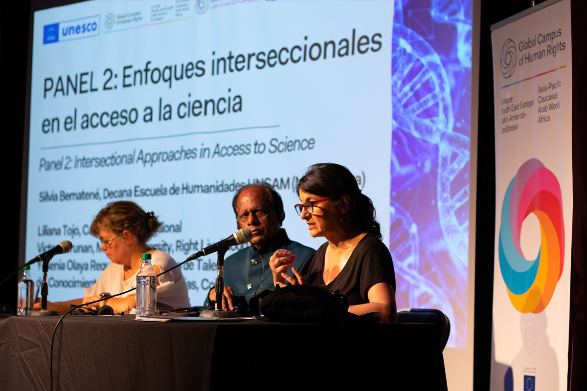 Panel Intersectional Approaches in Access to Science:Silvia Bernatené (UNSAM), Victor Karunan (Right Livelihood College), Liliana Tojo (consultant). Video message of Yesenia Olaya (Ministry of Science, Colombia)