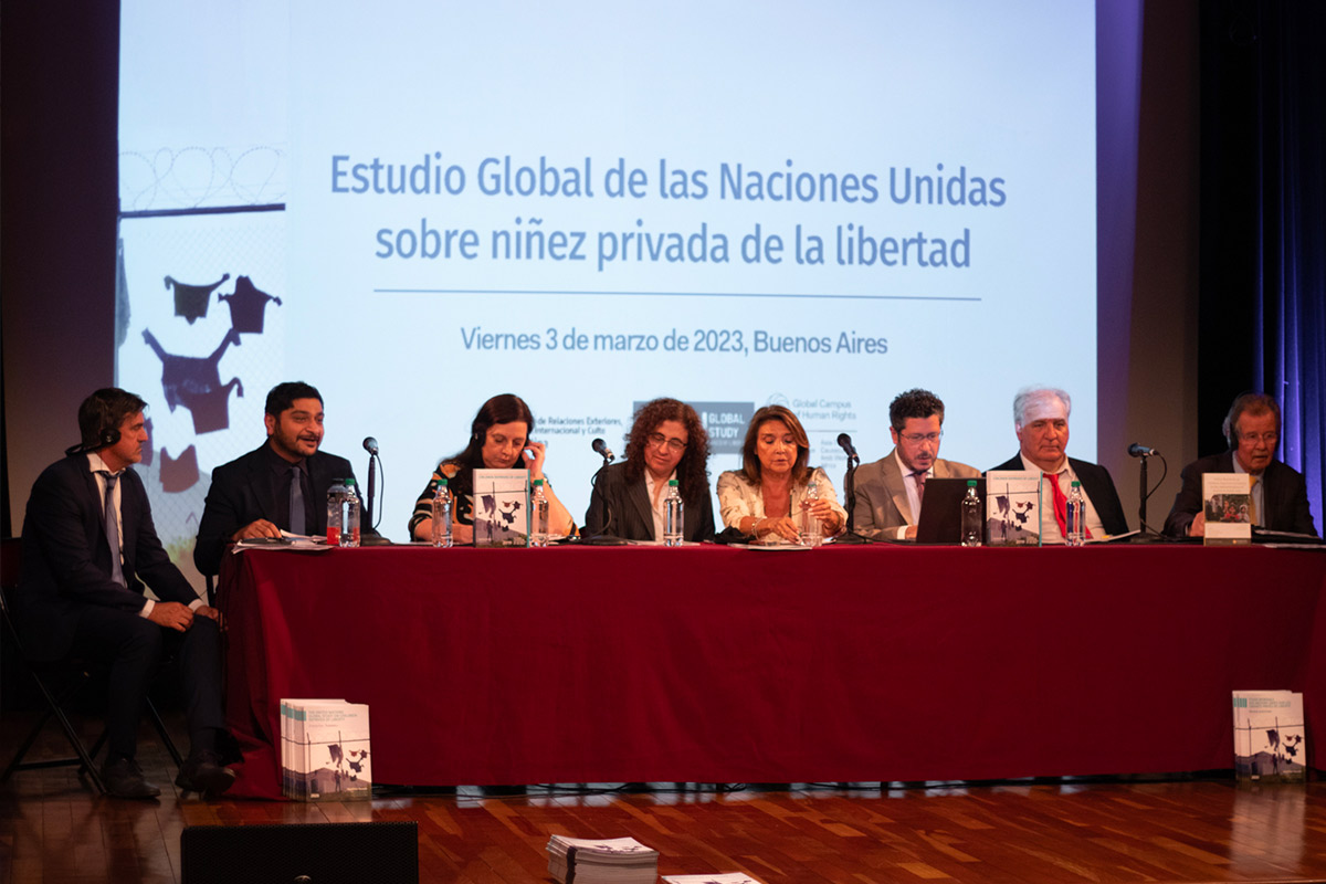 UN Global Study on Children Deprived of Liberty: Ariel Cejas Meliare (Procurador Penitenciario Adjunto), Manu Krishan (GC), Gloria Bonatto (Directora Nacional para Adolescentes Infrantores de la Ley Penal), Mary Beloff (CRC), Marisa Graham (Defensora de los Derechos de Niñas, Niños y Adolescentes de la Argentina), Esteban de la Torre (Instituto Interamericano del Niño, la Niña y Adolescentes), Juan Miguel Petit (Comisionado Parlamentario Penitenciario, Uruguay), Manfred Nowak (GC)